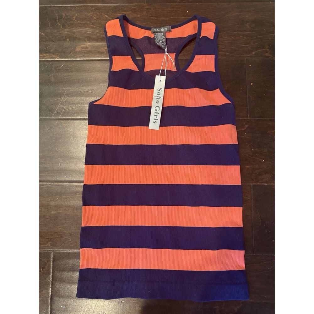NWT Soho Girls Juniors Tank Coral Navy Stripe Racerback Sleeveless One Size